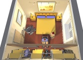 3D-Bild: Schlafzimmer mit Doppelbett und befahrbarem Schrank